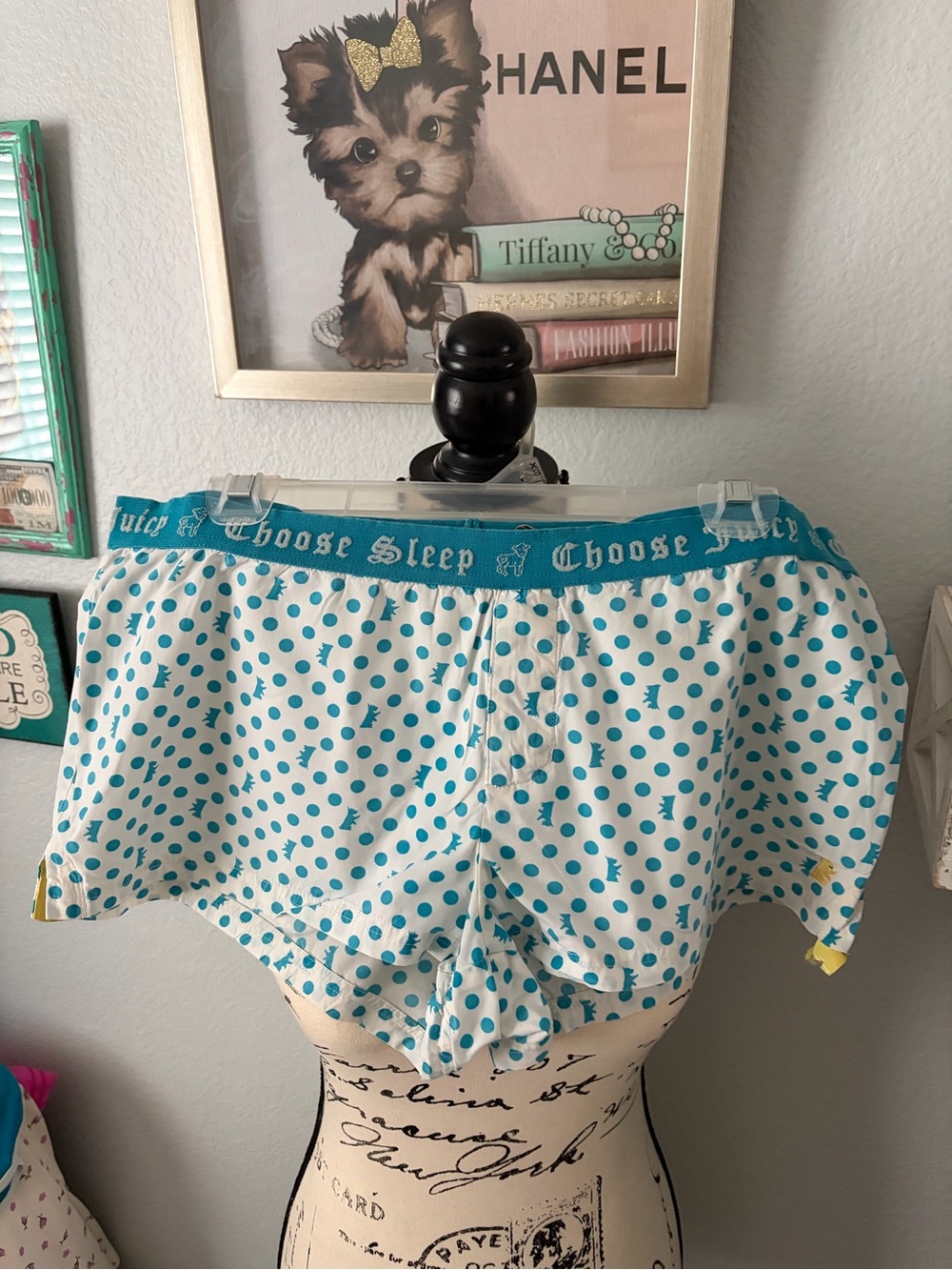 Juicy Couture choose Juicy White Shorts with Teal Polka Dots